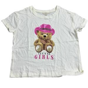 Girls Graphic Tee Shirt 7/8 Small Teddy Bear in Pink Cowboy Hat Let’s Go Girls